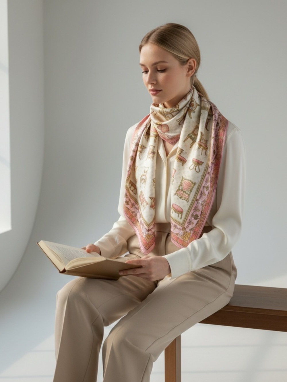 Gucci ✨NEW CONDITION ✨Silk Scarf with Antique Chair Motif — Pink & Cream - Picture 3 of 7